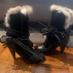 ISABEL MARANT Black, Fur-Trimmed Suede Booties, Size 36